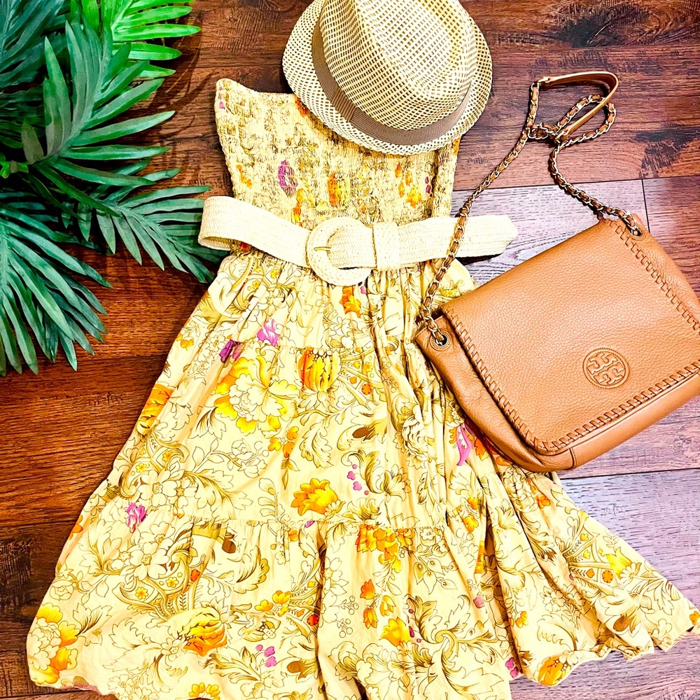 Beige with floral print strapless sun dress sz large